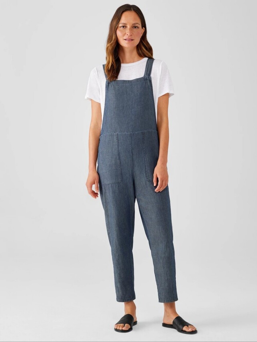 Eileen Fisher Airy Organic Cotton Twill Overalls Large Indigo Dyed Denim Blue
